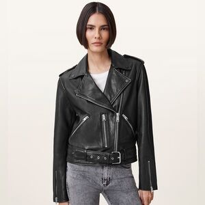 All Saints Black Leather Balfern Moto Jacket with Belted Waist